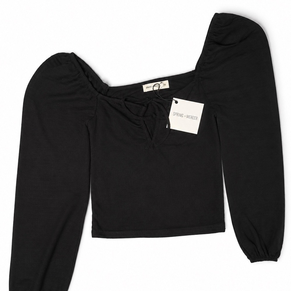 Spring + Mercer Womens Black Puff Sleeve Tie Front Crop Top Blouse XS NWT